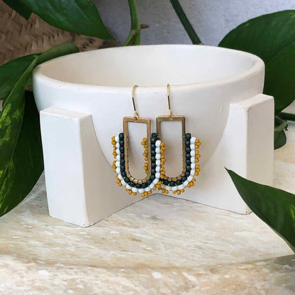 D Ring Dangle Bead Earrings - Dark Teal, White and Mustard