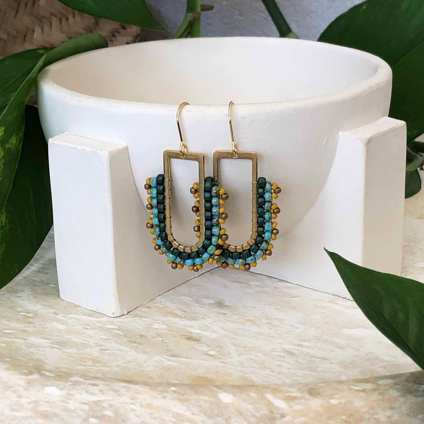 D Ring Dangle Bead Earrings - Teal, turquoise, Mustard and Bronze