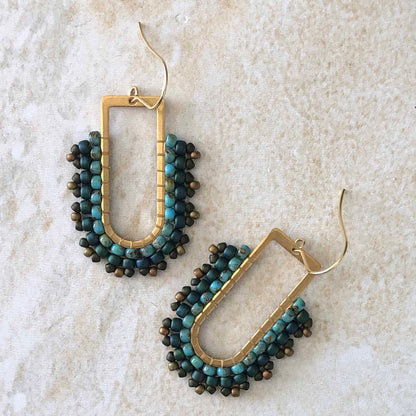 D Ring Dangle Bead Earrings - Turquoise, Teal and Bronze