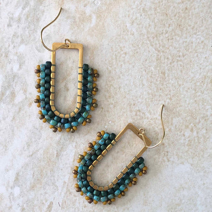D Ring Dangle Bead Earrings - Teal, turquoise, Mustard and Bronze