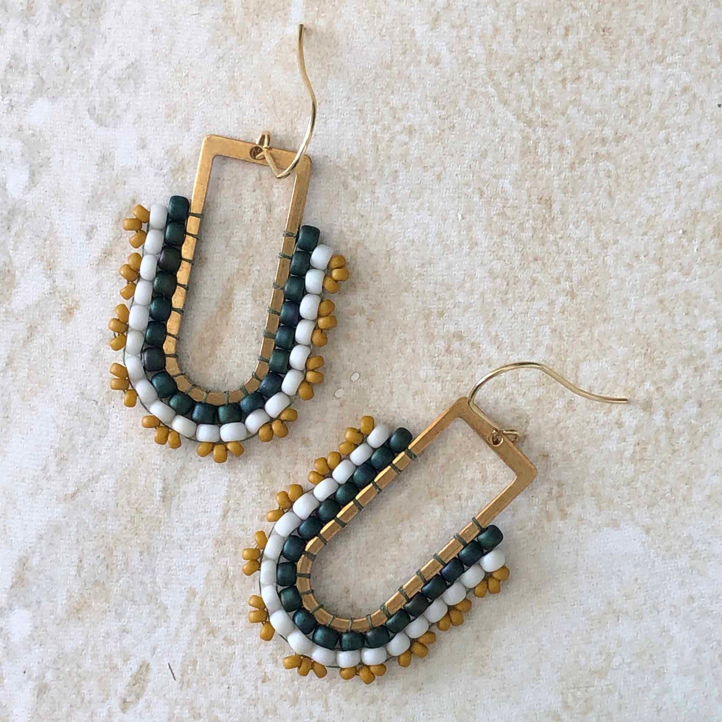 D Ring Dangle Bead Earrings - Dark Teal, White and Mustard