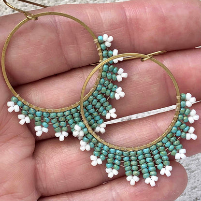 Medium Delica Herringbone Hoop Bead Earrings - Seafoam Green