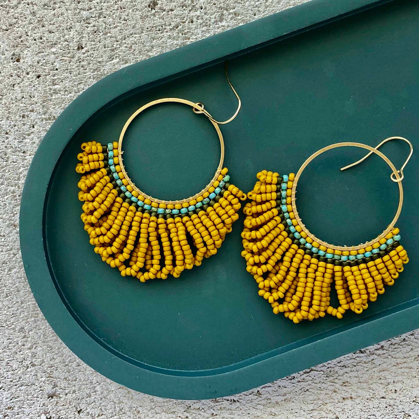 Large Looped Hoop Statement Bead Earrings - Mustard