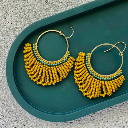 Large Looped Hoop Statement Bead Earrings - Mustard