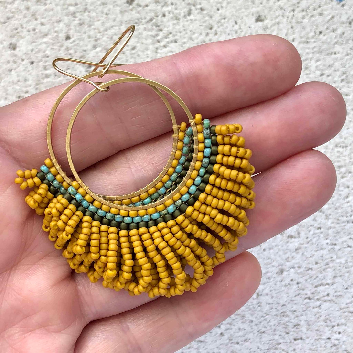 Large Looped Hoop Statement Bead Earrings - Mustard
