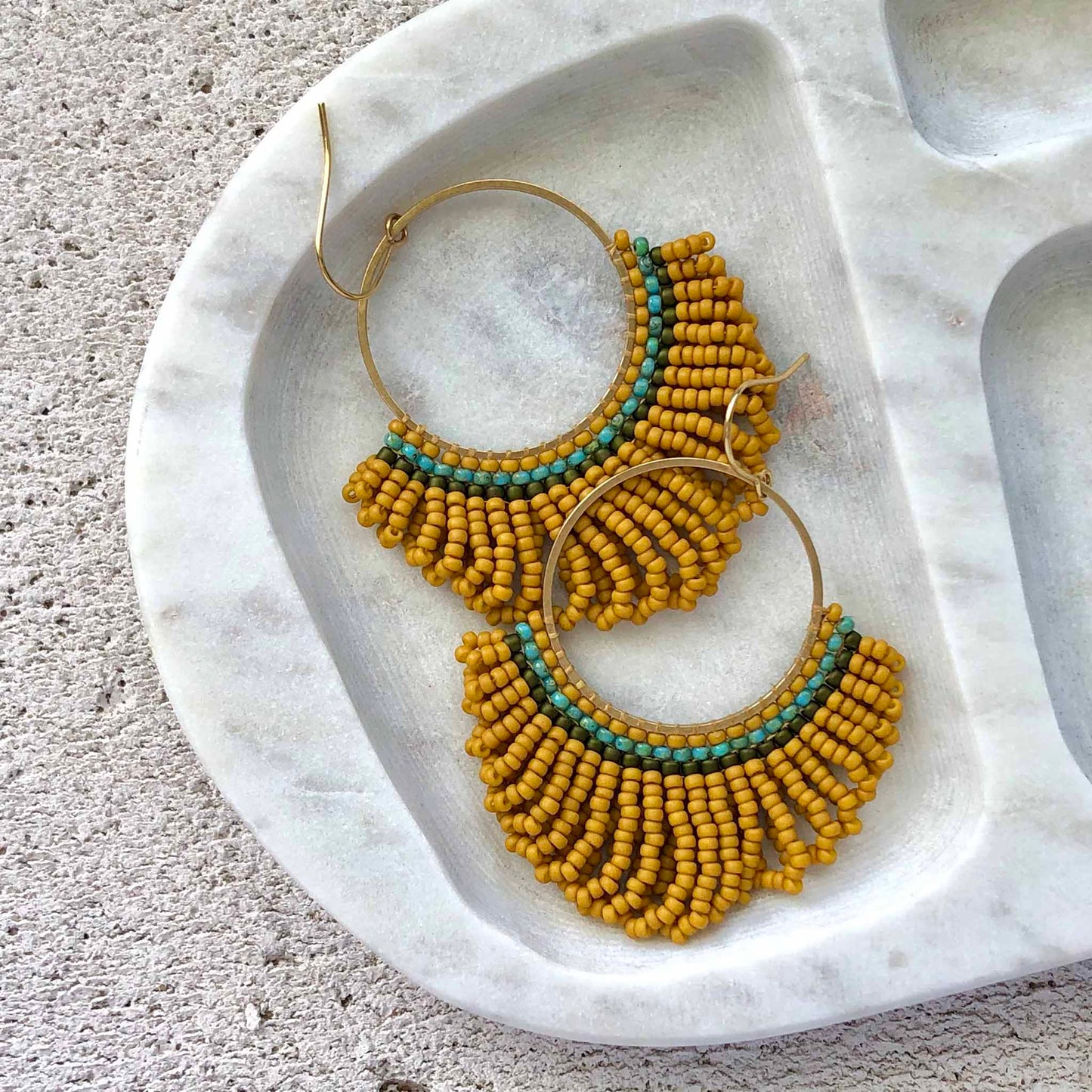 Large Looped Hoop Statement Bead Earrings - Mustard