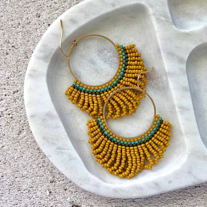 Large Looped Hoop Statement Bead Earrings - Mustard