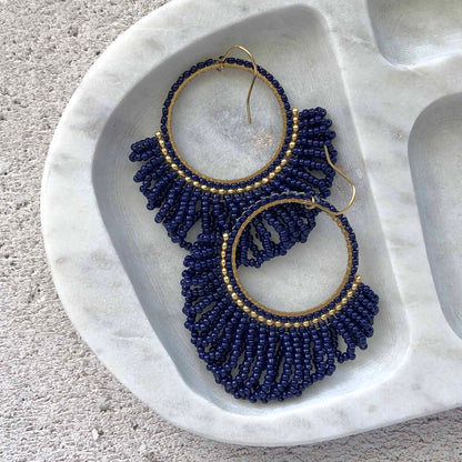 Large Looped Hoop Statement Bead Earrings - Navy
