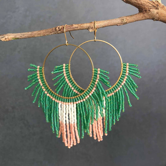 Large Beaded Fringe Statement Hoop Earrings - Green