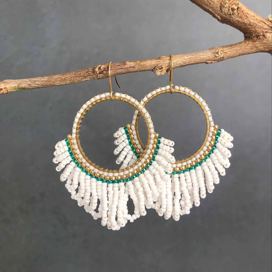 Large Looped Hoop Statement Bead Earrings - White