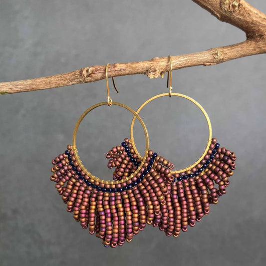 Large Looped Hoop Statement Bead Earrings - Copper/Bronze