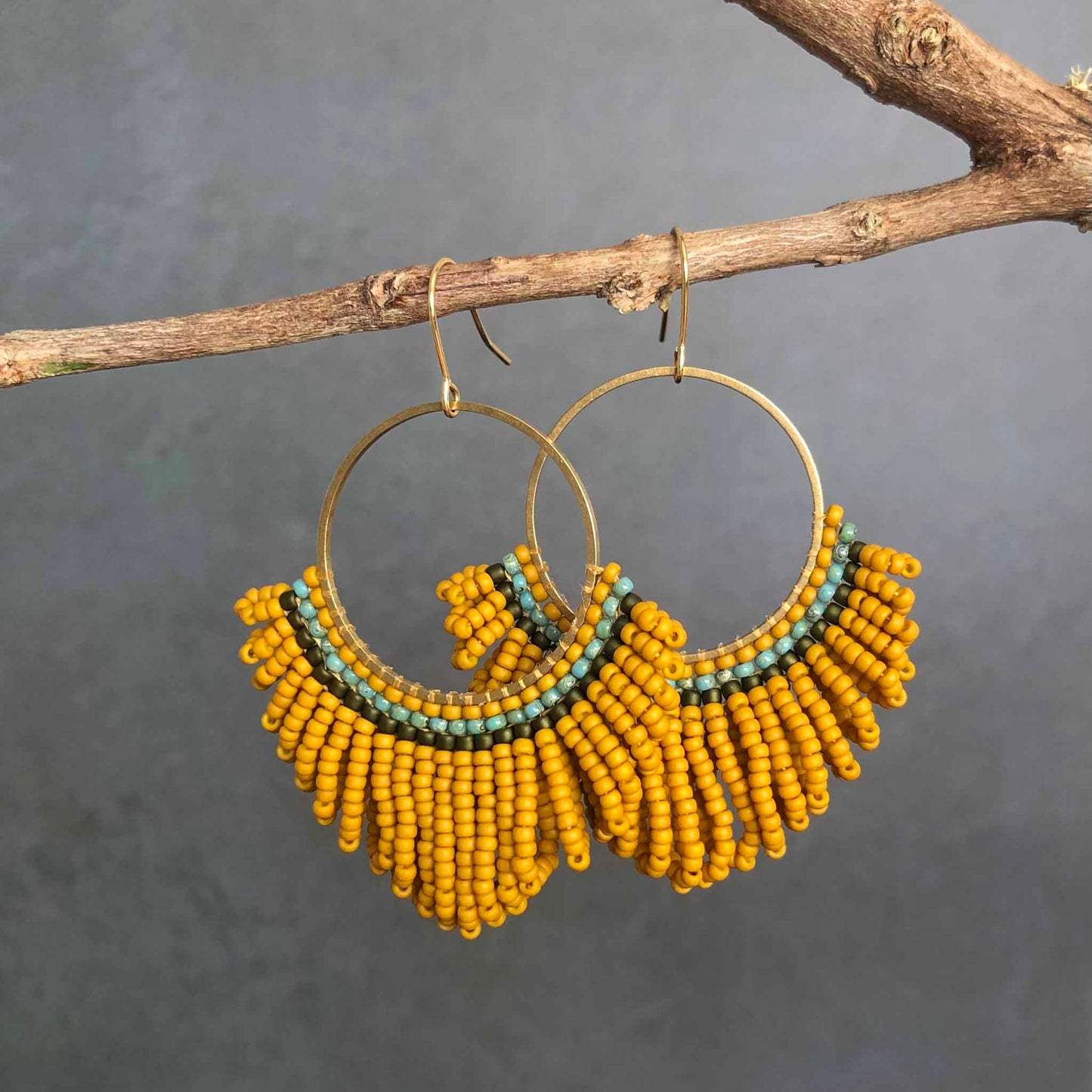 Large Looped Hoop Statement Bead Earrings - Mustard