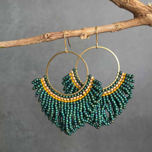Large Looped Hoop Statement Bead Earrings - Teal Blue Iris