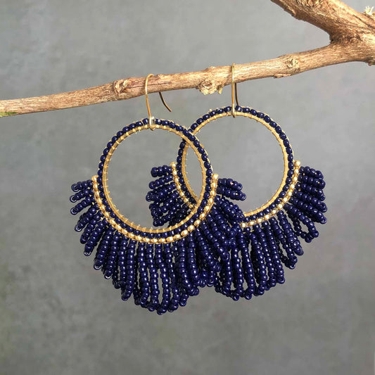 Large Looped Hoop Statement Bead Earrings - Navy