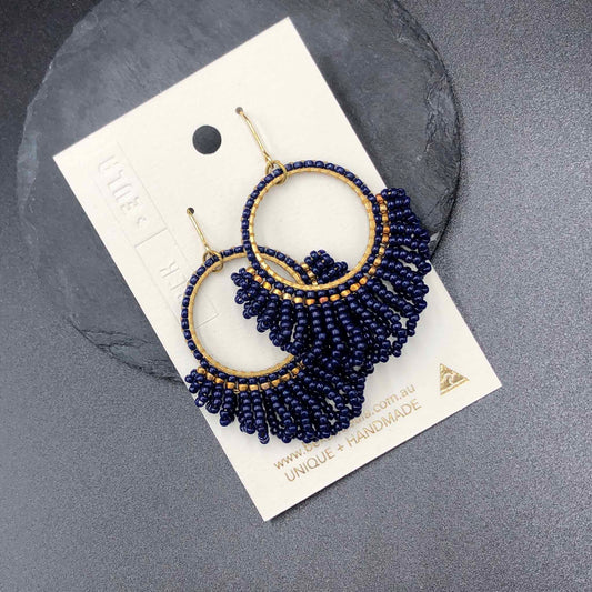 Medium Looped Hoop Statement Bead Earrings - Navy
