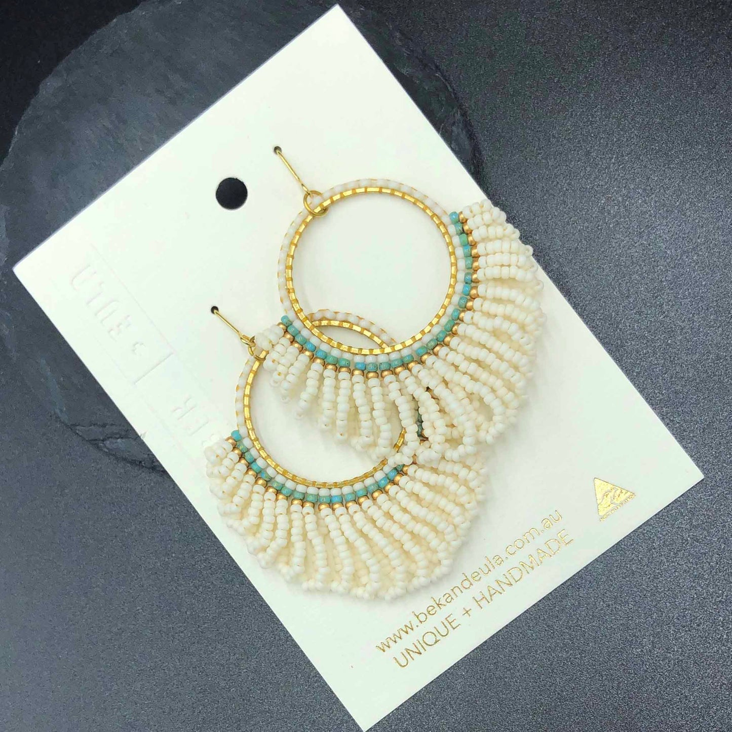Large Looped Hoop Statement Bead Earrings - Warm white