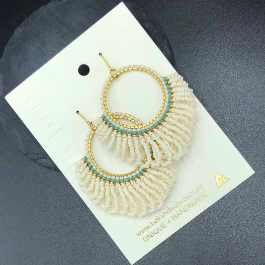 Large Looped Hoop Statement Bead Earrings - Warm white