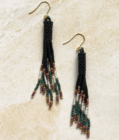 Long Boho Fringe Bead Earrings - Matt Black/Gold/Rust/White/Teal