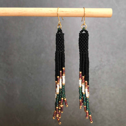 Long Boho Fringe Bead Earrings - Matt Black/Gold/Rust/White/Teal