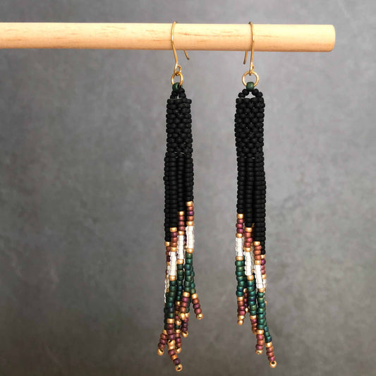 Long Boho Fringe Bead Earrings - Matt Black/Gold/Rust/White/Teal