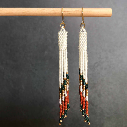 Long Boho Fringe Bead Earrings - Crystal White/Gold/Teal/Terracotta