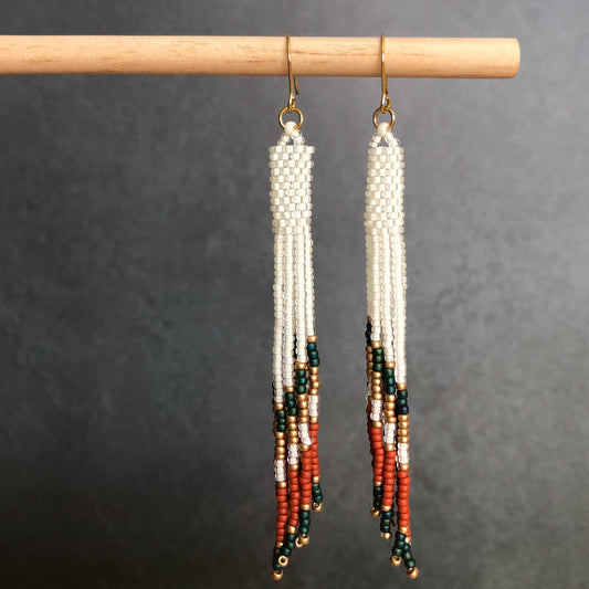 Long Boho Fringe Bead Earrings - Crystal White/Gold/Teal/Terracotta