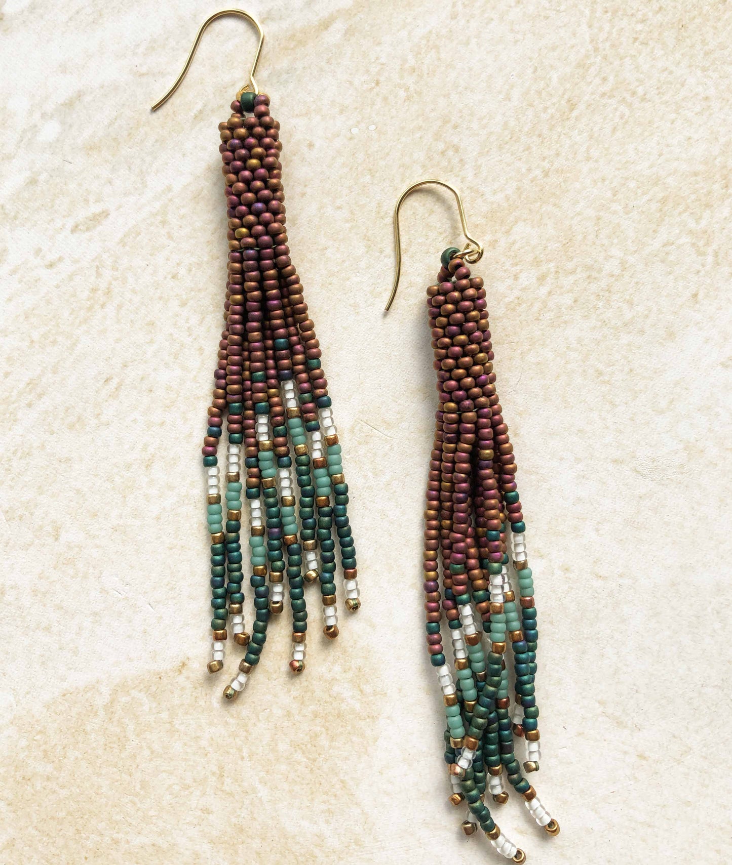 Long Boho Fringe Bead Earrings - Golden Iris/White/Gold/Teal/Turquoise