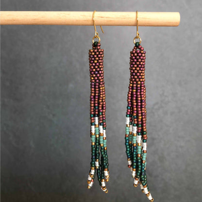 Long Boho Fringe Bead Earrings - Golden Iris/White/Gold/Teal/Turquoise