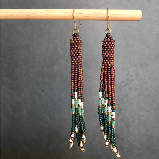 Long Boho Fringe Bead Earrings - Golden Iris/White/Gold/Teal/Turquoise