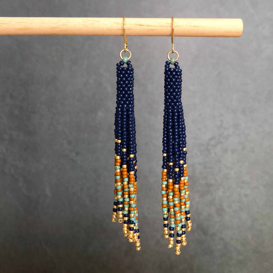 Long Boho Fringe Bead Earrings - Navy/Gold/Turquoise/Caramel