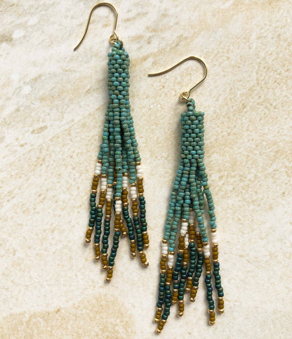 Long Boho Fringe Bead Earrings - Turquoise/Gold/White/Olive/Teal