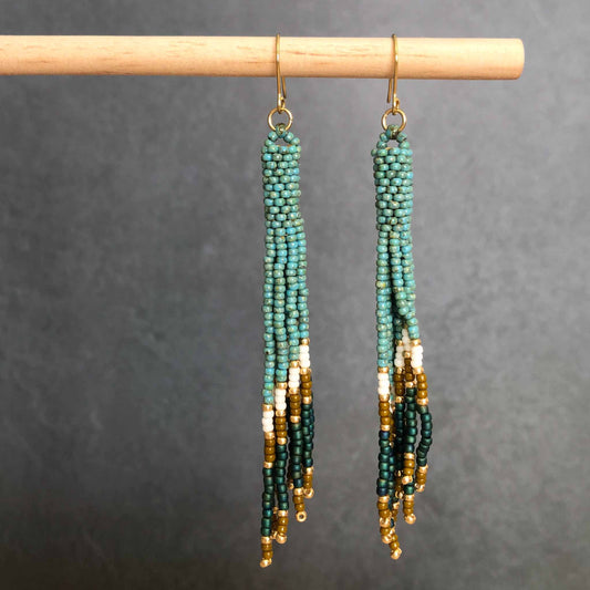 Long Boho Fringe Bead Earrings - Turquoise/Gold/White/Olive/Teal