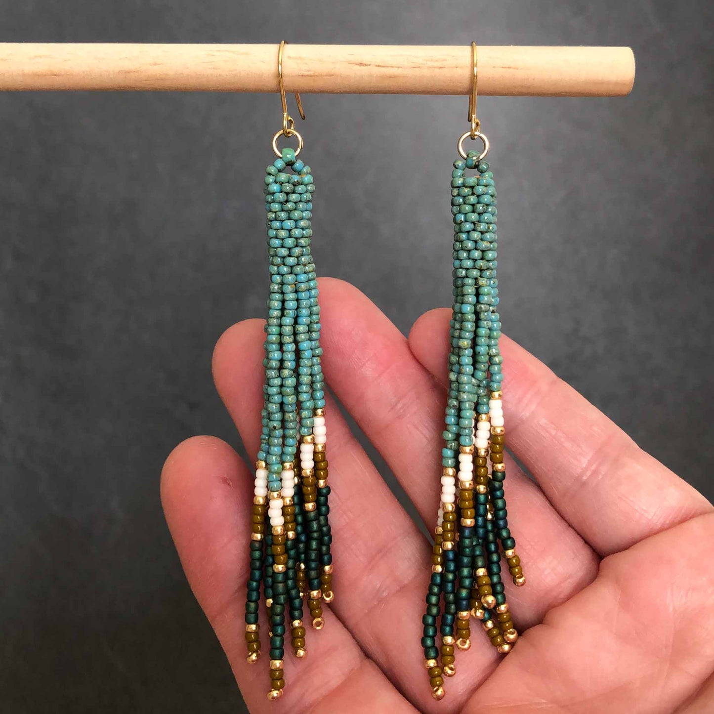 Long Boho Fringe Bead Earrings - Turquoise/Gold/White/Olive/Teal