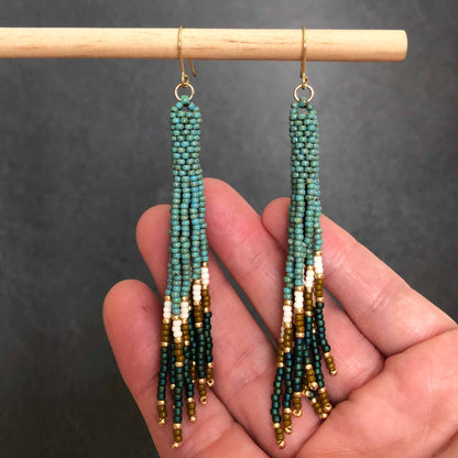 Long Boho Fringe Bead Earrings - Turquoise/Gold/White/Olive/Teal
