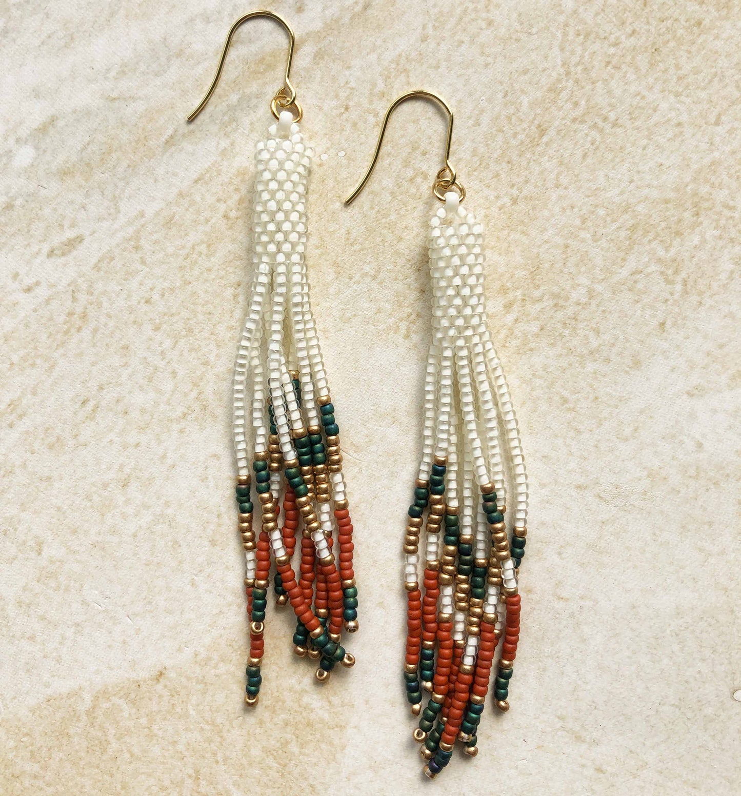 Long Boho Fringe Bead Earrings - Crystal White/Gold/Teal/Terracotta