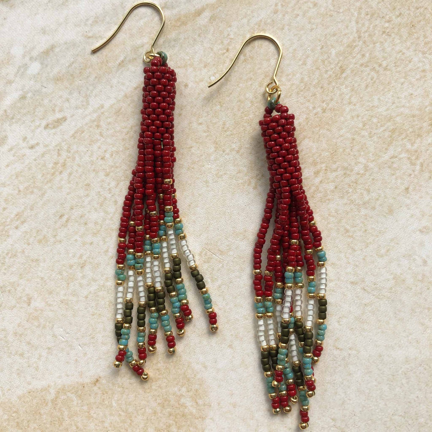 Long Boho Fringe Bead Earrings - Red/White/Turquoise/Teal