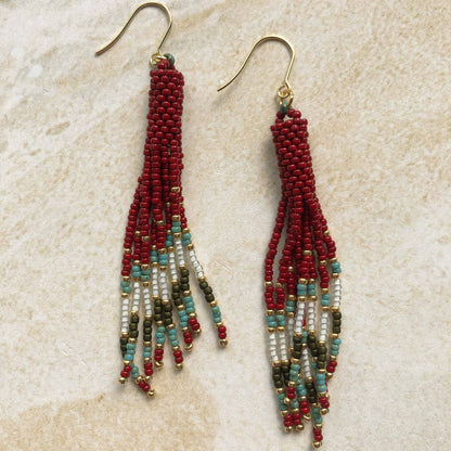 Long Boho Fringe Bead Earrings - Red/White/Turquoise/Teal