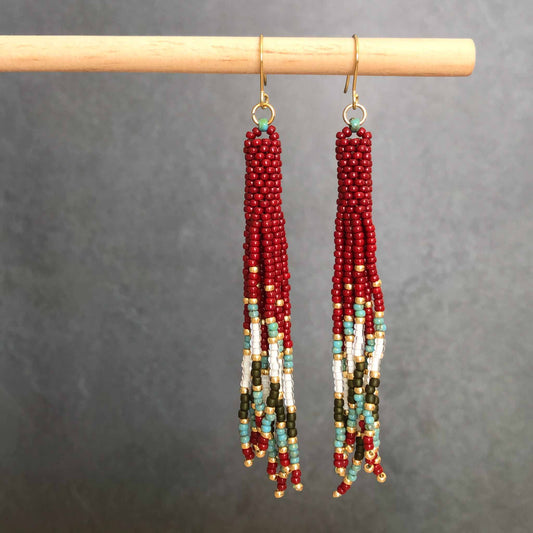 Long Boho Fringe Bead Earrings - Red/White/Turquoise/Teal