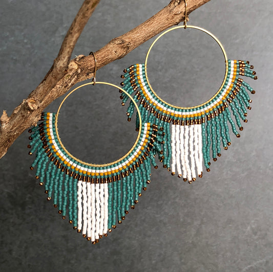 Large Beaded Fringe Statement Hoop Earrings - Eucalyptus/Mustard/Bronze/White