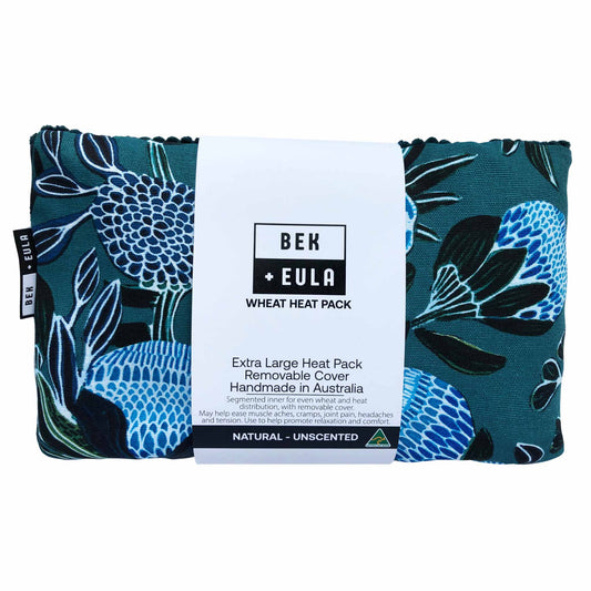 Teal Banksia Extra Large wheat heat pack Australia, removable cover, microwave heat pack for neck and shoulder pain.