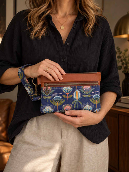 Two-Tone Wristlet Pouch – Aussie Floral Gems | Cobalt