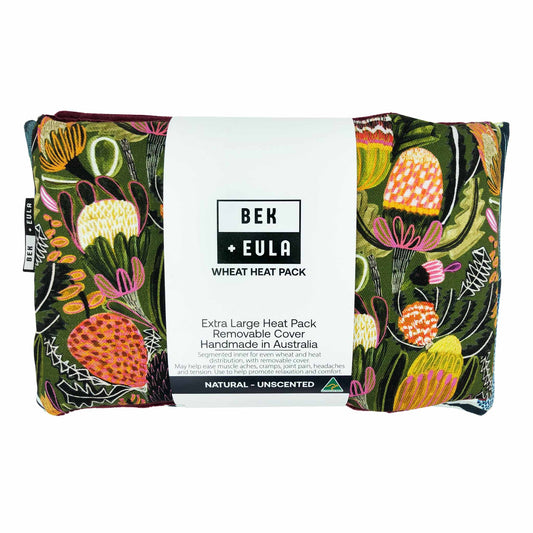 Banksia Bush Extra Large wheat heat pack Australia, cotton microwave heat pack for back pain relief.
