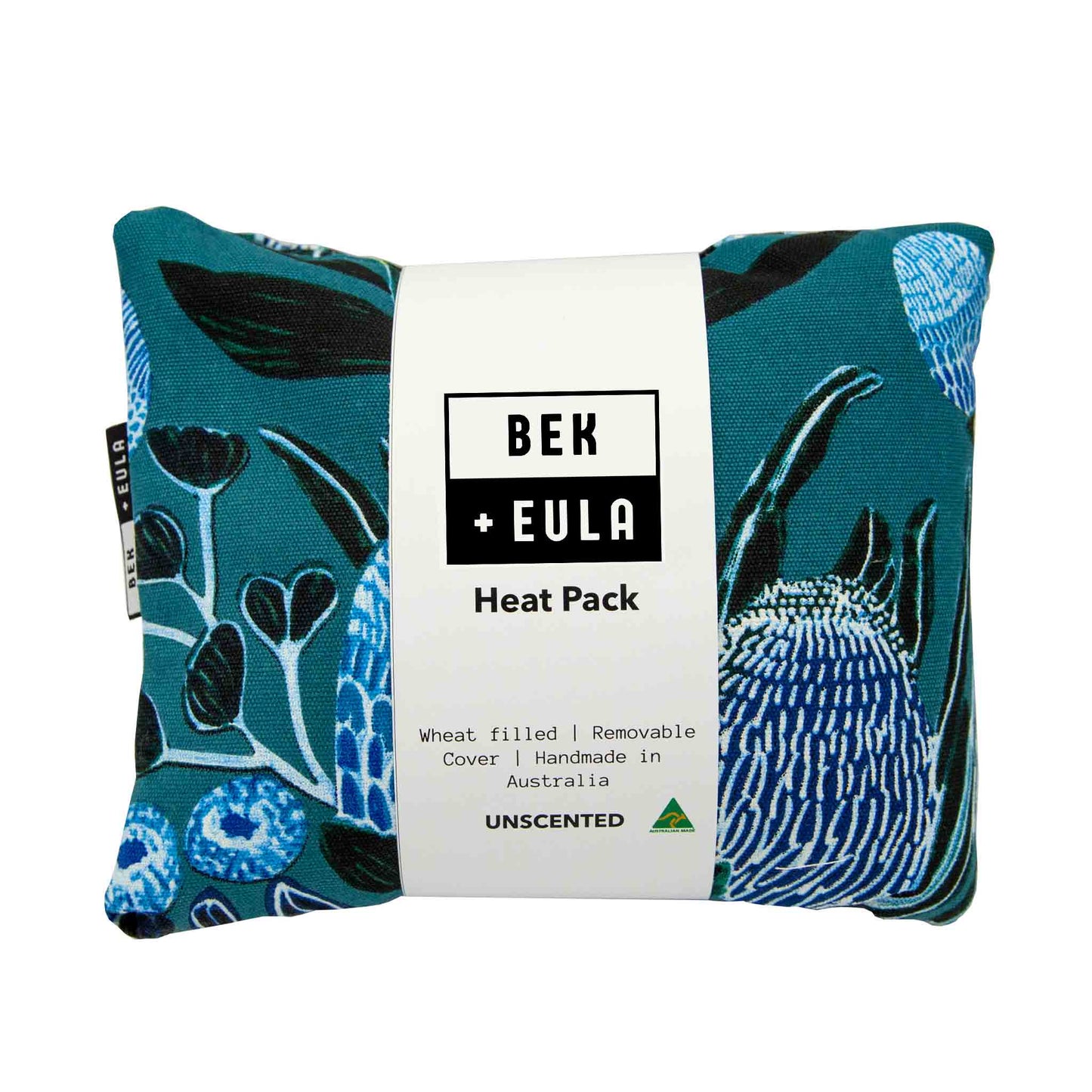Wheat heat pack - blue banksia print with removable cover